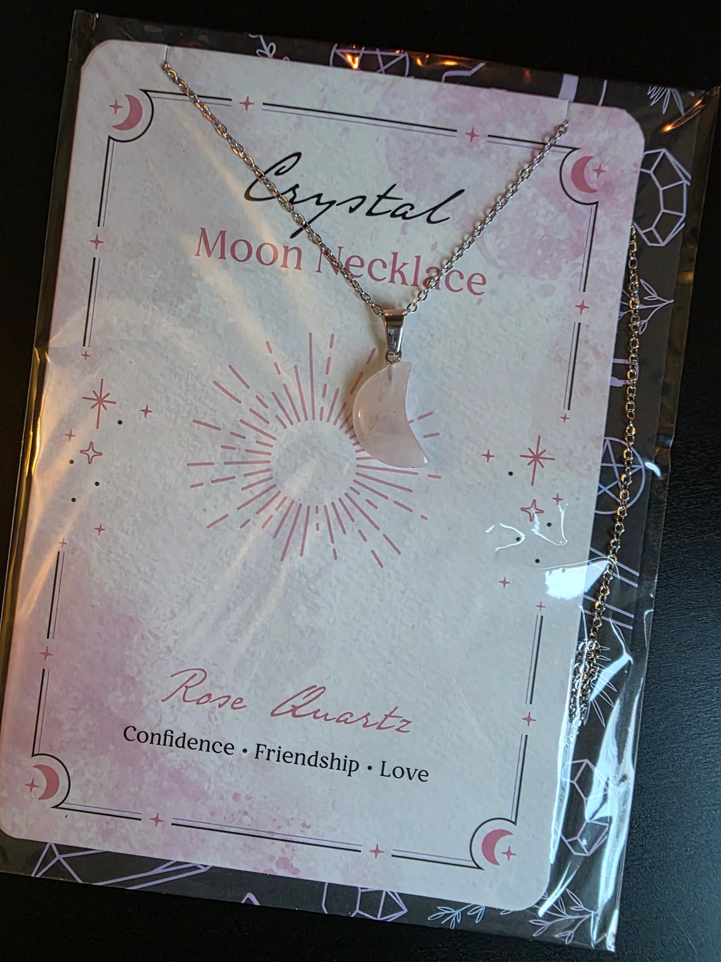 Rose Quartz Crystal Moon Necklace Greeting Card